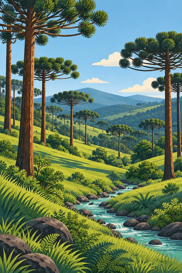 Ilustração de araucárias em colinas verdes, com riacho entre pedras, samambaias e montanhas ao fundo.