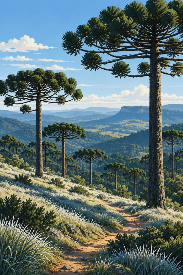 Trilha entre araucárias e capins claros, com serras azuladas ao fundo sob céu azul com nuvens.