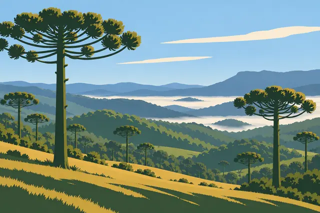 Ilustração de araucárias em encostas douradas, com colinas verdes, névoa nos vales e céu azul.