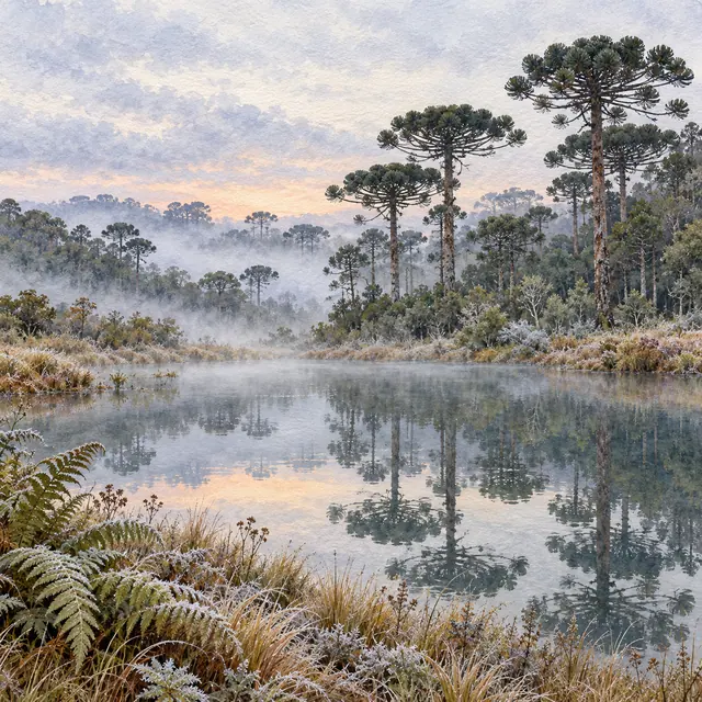 Aquarela de araucárias refletidas em uma lagoa, com neblina, geada e samambaias sob o céu suave da manhã.
