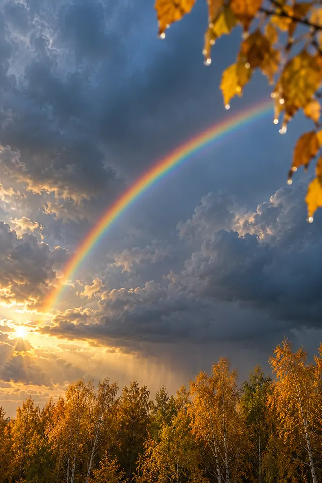 Arco-íris entre nuvens escuras sobre um bosque dourado, com folhas molhadas e desfocadas em primeiro plano.