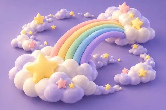 Arco-íris pastel entre nuvens brancas e lilases, com estrelas amarelas e rosas em uma composição 3D vista de cima.