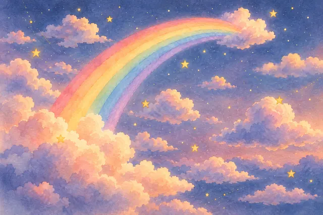 Aquarela de arco-íris entre nuvens em tons de pêssego e lilás, com estrelas douradas no céu ao entardecer.