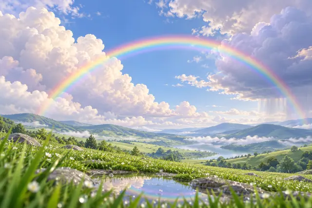 Arco-íris entre nuvens sobre colinas verdes e lago, com flores e uma poça refletindo suas cores em primeiro plano.