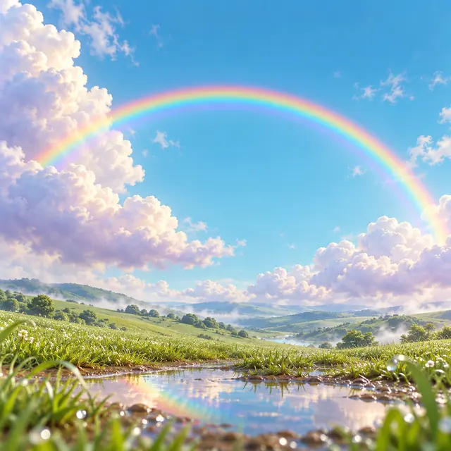 Arco-íris entre nuvens sobre colinas verdes, com reflexo em uma poça cercada por grama molhada.