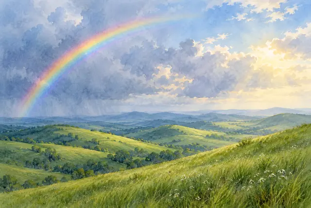 Aquarela de arco-íris sobre colinas verdes, com flores brancas e luz dourada entre nuvens após a chuva.