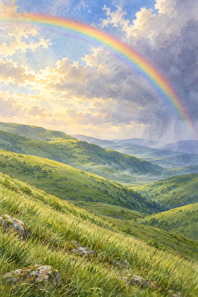 Aquarela de arco-íris sobre colinas verdes, com nuvens iluminadas, capins e pedras em primeiro plano.