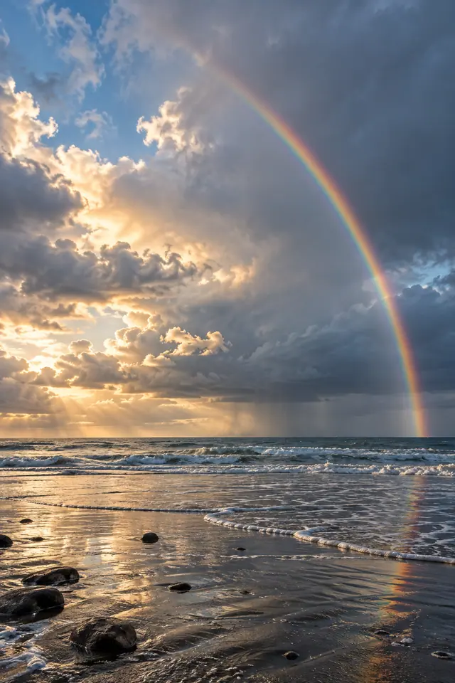 Arco-íris sobre o mar após a chuva, com nuvens douradas, ondas e pedras na areia molhada.