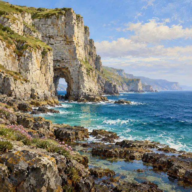 Pintura de falésias com arco natural sobre o mar azul, rochas com poças e flores rosadas sob céu com nuvens.