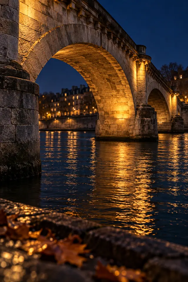 Ponte de pedra com arcos iluminados à noite, reflexos dourados no rio e folhas de outono desfocadas à frente.