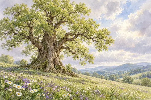 Aquarela de árvore ancestral em prado com margaridas e flores lilases, sob céu nublado e colinas ao fundo.