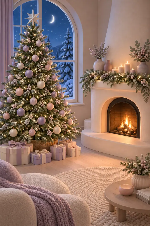 Árvore de Natal em tons pastel ao lado de lareira acesa, com presentes e janela para uma noite de neve e lua crescente.