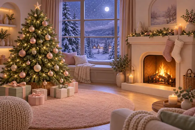 Árvore de Natal com luzes e presentes ao lado da lareira, com meias de tricô e neve sob o luar pela janela.