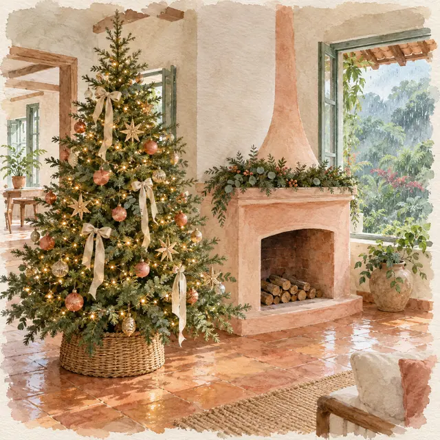 Aquarela de árvore de Natal iluminada ao lado de lareira terracota, com jardim tropical e chuva vistos pela janela.