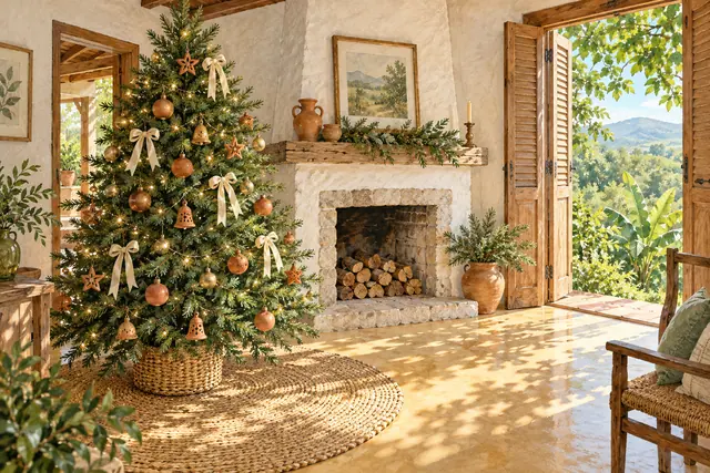 Aquarela de árvore de Natal decorada ao lado de lareira, em sala rústica ensolarada com vista para a vegetação.