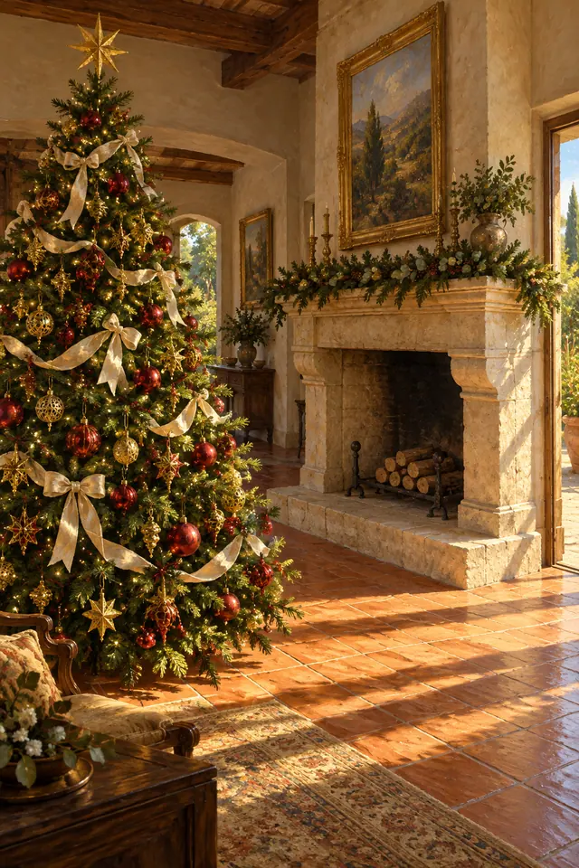 Árvore de Natal com laços claros e bolas vermelhas ao lado de lareira de pedra, em sala iluminada pelo sol.