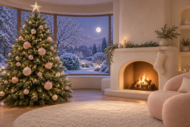Árvore de Natal iluminada ao lado de lareira acesa, com poltrona rosa e jardim nevado sob o luar ao fundo.