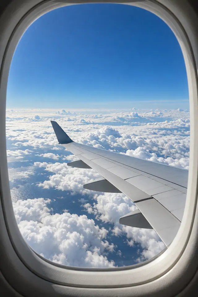 Vista pela janela oval de um avião, com asa prateada sobre nuvens brancas e trechos do oceano sob o céu azul.