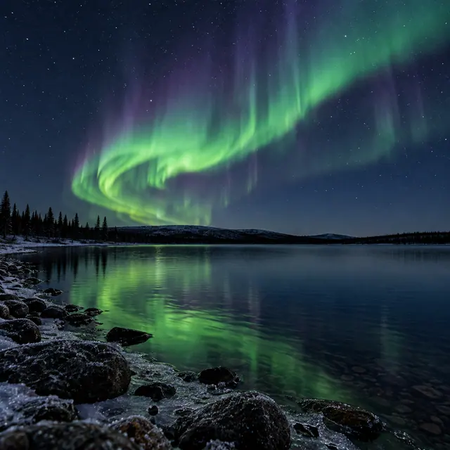 Aurora boreal verde e violeta sobre lago, com reflexos na água e pedras geladas na margem.