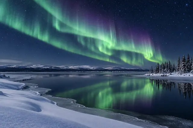 Aurora boreal verde refletida em lago parcialmente congelado, com neve, coníferas e colinas sob céu estrelado.