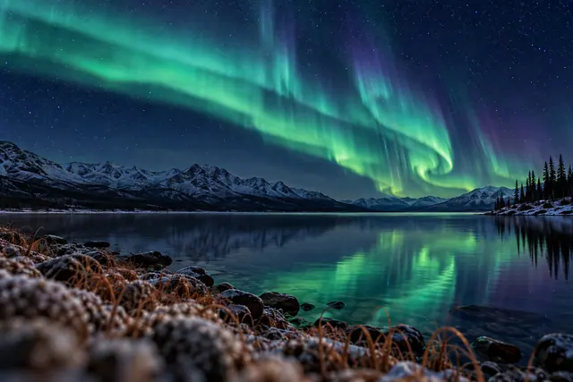 Aurora boreal verde e violeta refletida em lago entre montanhas nevadas, com pedras e vegetação com geada na margem.