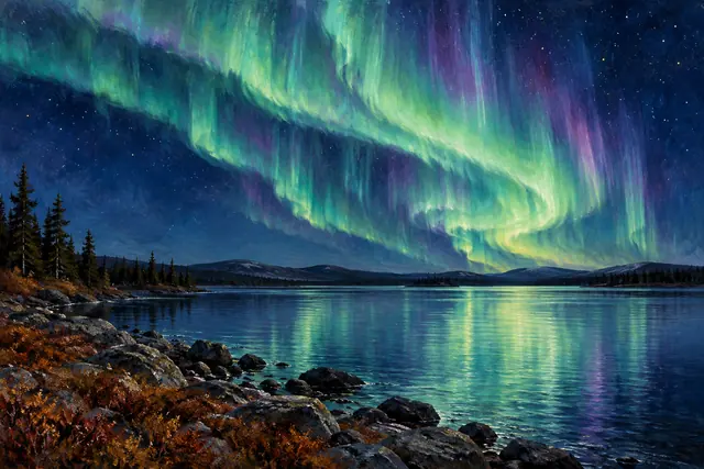 Pintura a óleo de aurora boreal verde e violeta sobre um lago, com reflexos, pedras e coníferas na margem.