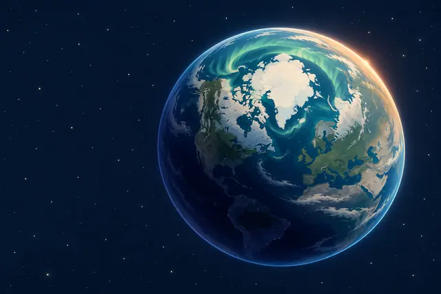 Ilustração da Terra no espaço, com o Ártico claro, aurora verde e luz dourada na borda do planeta.