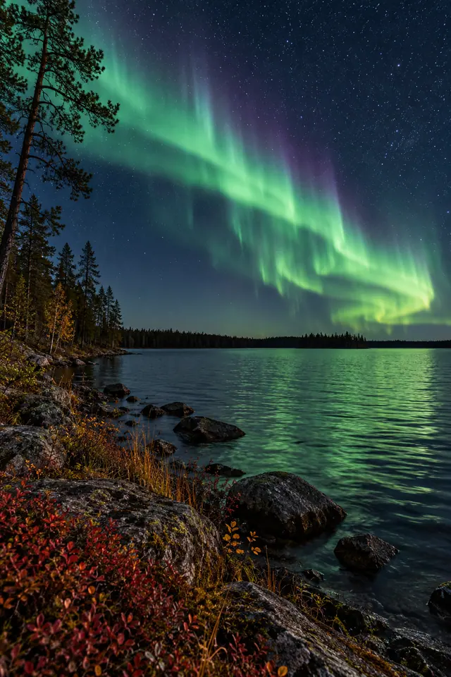 Aurora boreal verde no céu estrelado sobre um lago, com pinheiros, rochas e arbustos de outono na margem.
