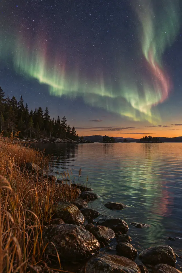 Aurora boreal verde e rosada refletida em lago, com pedras, capins dourados e pinheiros sob céu estrelado.