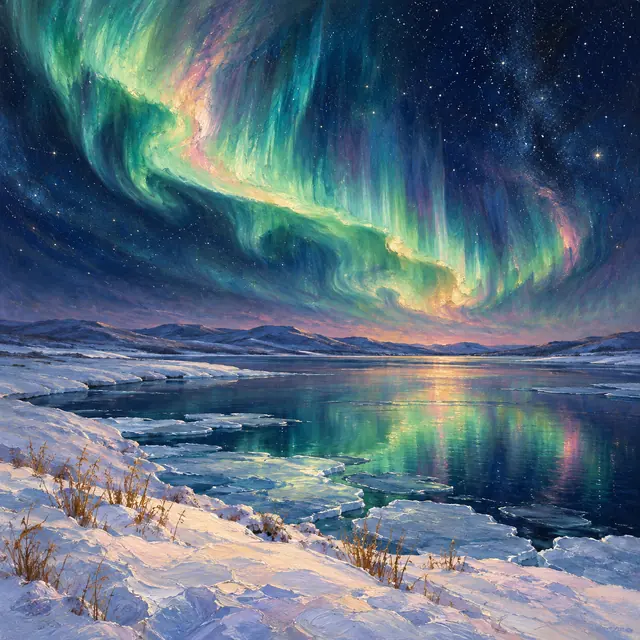 Pintura a óleo de aurora boreal verde e dourada refletida em lago com placas de gelo, margens nevadas e colinas.