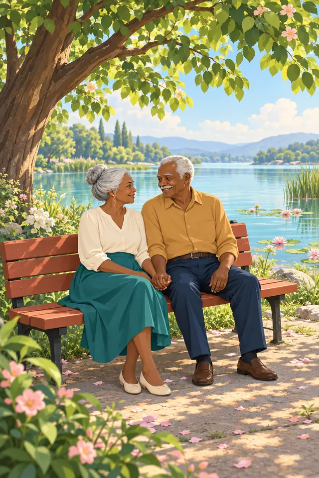 Casal de avós sorri de mãos dadas em um banco sob uma árvore florida, com um lago e flores ao redor.