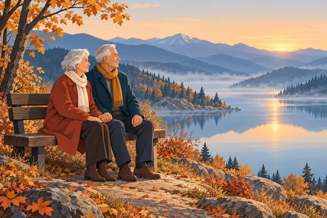 Avós de mãos dadas em um banco diante de um lago entre montanhas, com folhas de outono e luz do amanhecer.