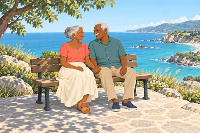 Avós sorridentes de mãos dadas em um banco de madeira, sob uma árvore, com o mar azul e falésias ao fundo.