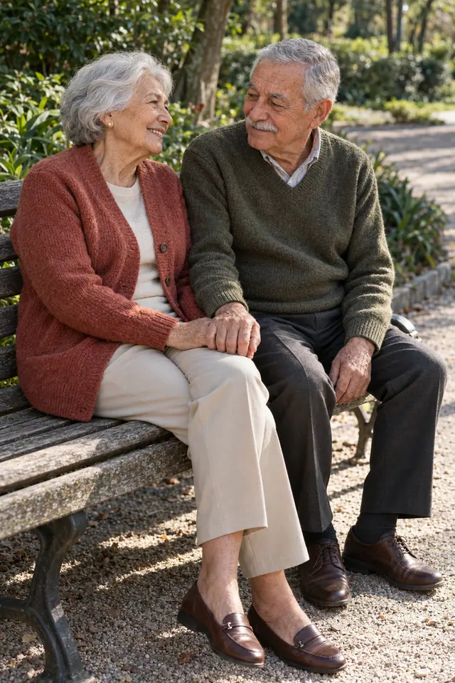 Casal de idosos sorri de mãos dadas em um banco de madeira, sob a luz do sol em um jardim arborizado.