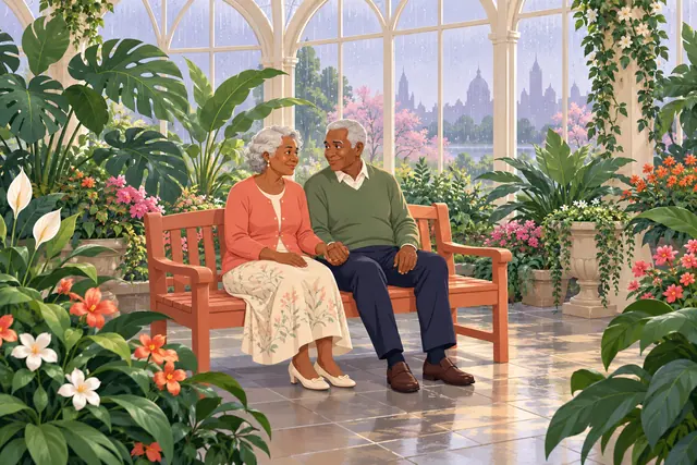 Avós de mãos dadas em um banco de madeira entre flores e folhagens de uma estufa com vidros molhados pela chuva.