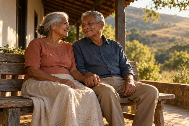 Avós sorriem de mãos dadas em um banco de madeira na varanda, com colinas ao fundo e luz dourada da tarde.