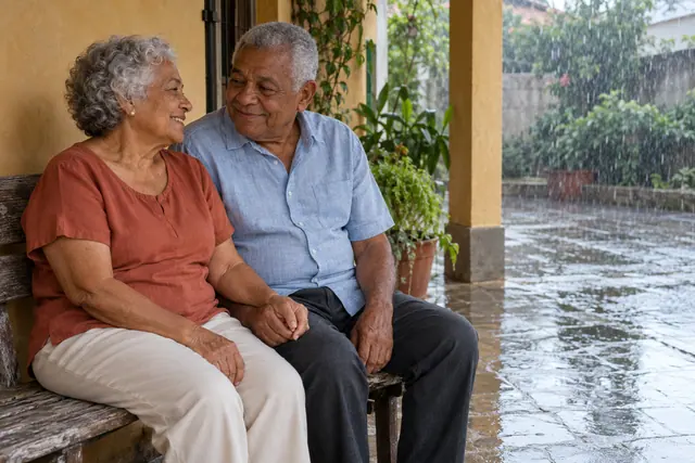 Casal de idosos sorri de mãos dadas em um banco de madeira na varanda, enquanto a chuva molha o pátio.