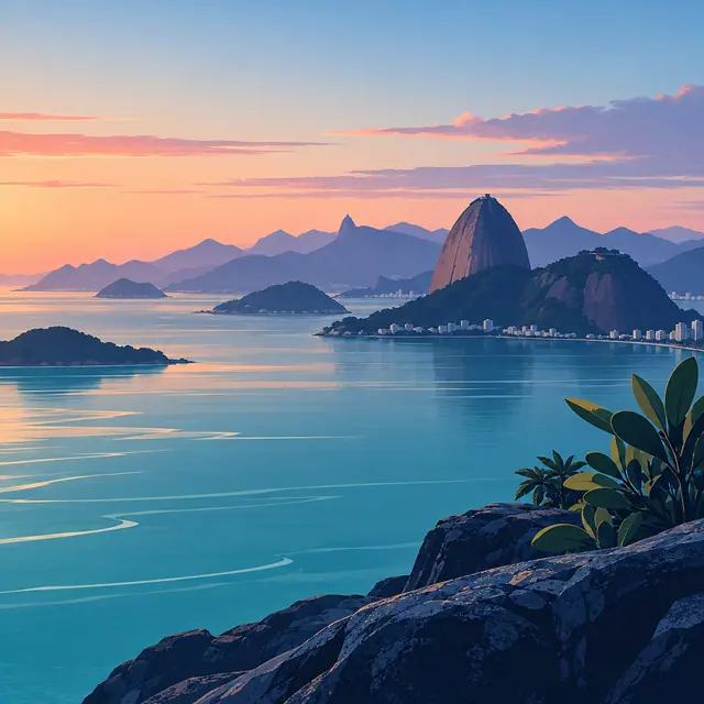 Ilustração da Baía de Guanabara com Pão de Açúcar, céu coral, água azul e rochas com vegetação em primeiro plano.