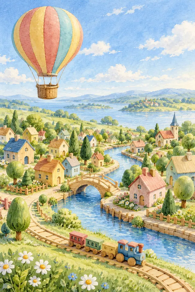 Balão colorido sobre cidade de brinquedo com canal, ponte, trenzinho e margaridas em aquarela.