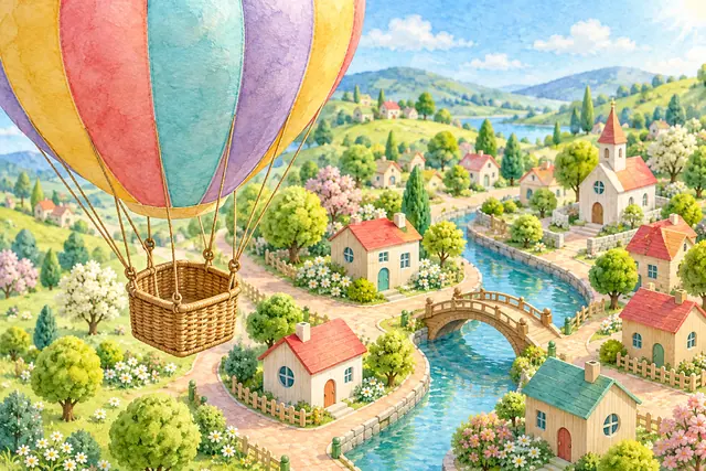 Balão colorido sobre vila de brinquedo com casas de madeira, flores, canal azul e uma ponte em aquarela.