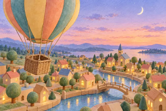 Balão colorido sobre cidade de brinquedo com casas iluminadas, canal e ponte, sob céu rosado com lua crescente.