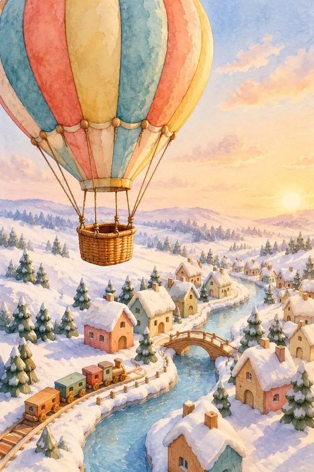 Balão colorido sobre cidade de brinquedo com neve, trem e ponte sobre um canal, em aquarela sob luz dourada.