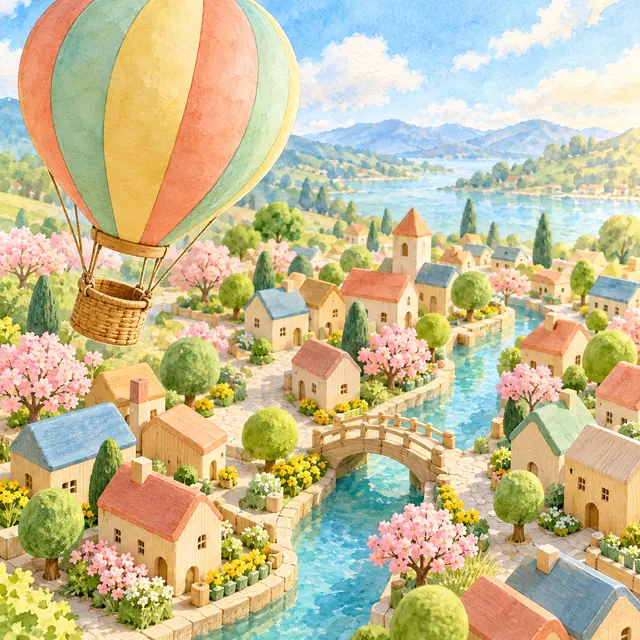 Balão colorido sobre cidade de brinquedo com casas de madeira, árvores floridas e ponte sobre um canal azul.