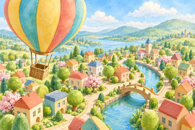 Balão colorido sobre vila de brinquedo com árvores floridas, canal azul e ponte, em aquarela de primavera.