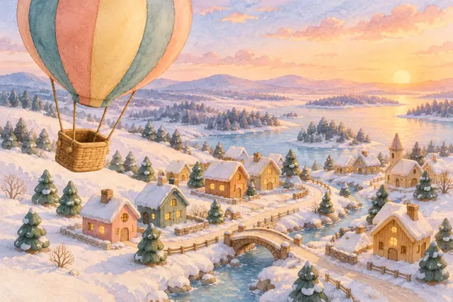 Balão em tons pastel sobre vila de brinquedo nevada, com casinhas, pinheiros e ponte ao pôr do sol, em aquarela.