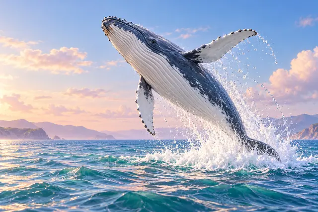 Baleia-jubarte salta no mar azul entre respingos, com montanhas ao fundo e nuvens em tons de pêssego.
