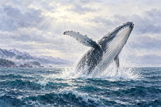 Aquarela de baleia-jubarte saltando entre ondas e respingos, com montanhas enevoadas ao fundo e céu nublado.