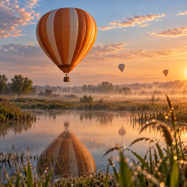Balão laranja e creme refletido na água ao amanhecer, com dois balões distantes, névoa e vegetação com orvalho.