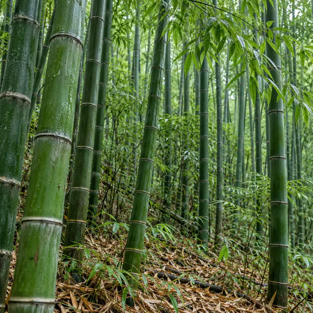 Bambus verdes com gotas de chuva em uma floresta densa, com folhas estreitas e chão coberto de folhas secas.