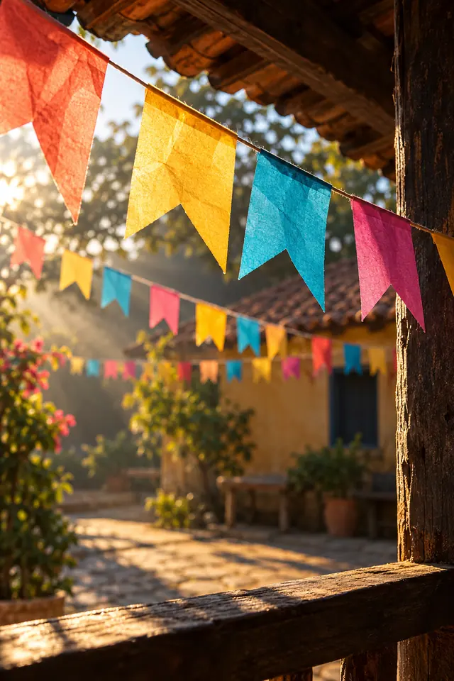 Bandeirinhas juninas coloridas recebem luz da manhã em varanda de madeira, com quintal e casa ao fundo desfocados.